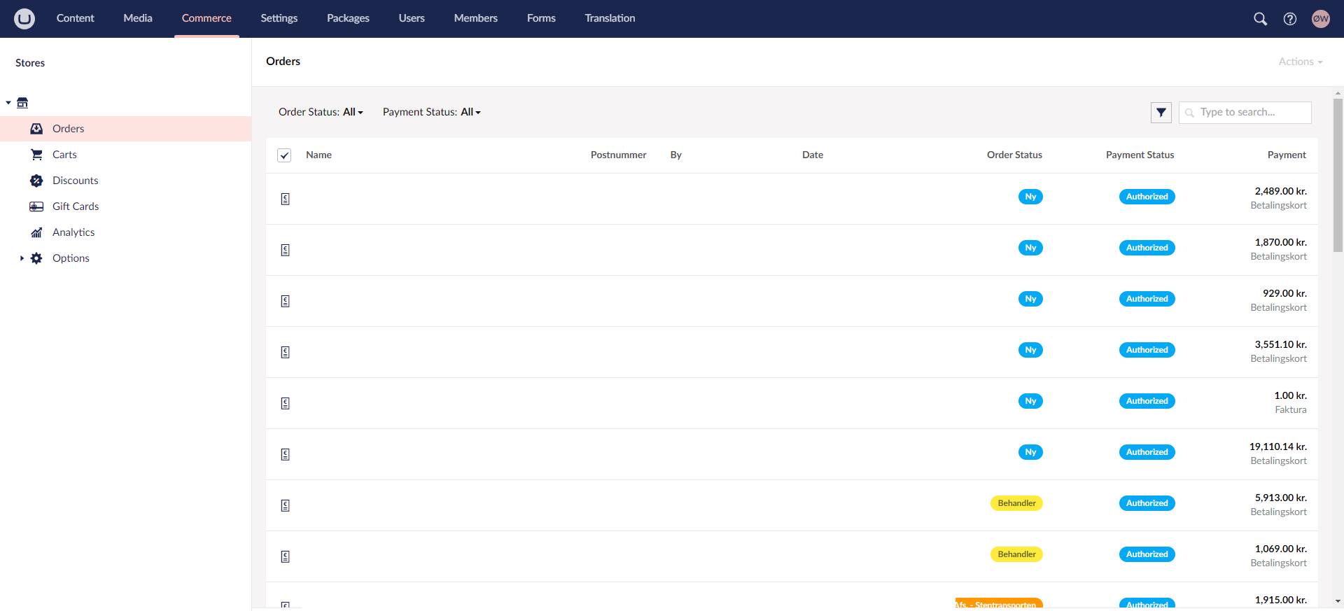 Ordreliste I Umbraco Commerce